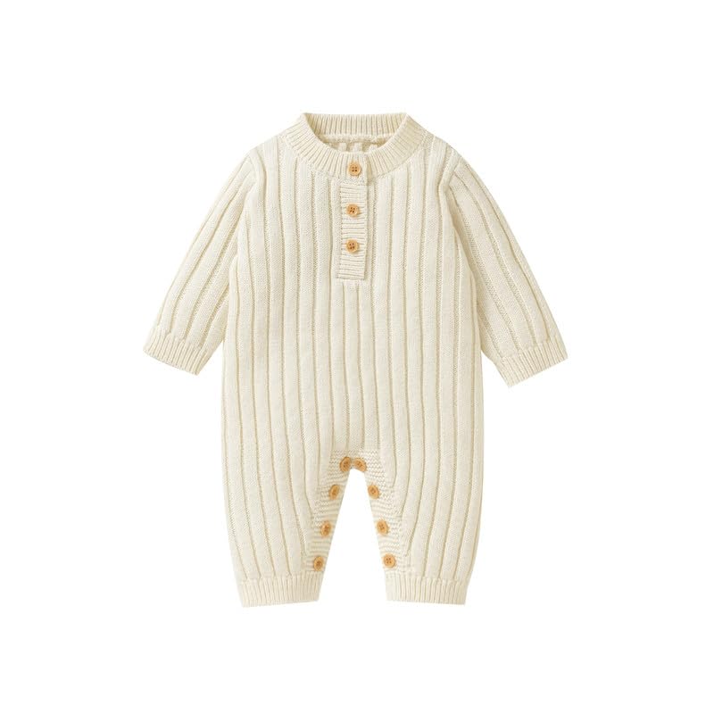 Neiwech Newborn Boy Girl Outfits Baby Knit Romper Cozy Soft Long Sleeve Striped Solid Clothes Gift for Infant White 0-3 Months - Image 1