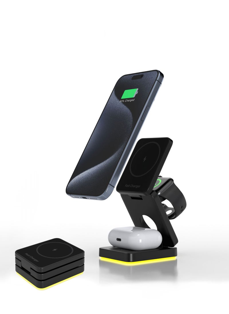 Jourvent - 15W Magnetic 3-in-1 Wireless Charging Station – A Sleek, Foldable Charging Base With An Illuminated Stand, Designed For MagSafe-Compatible Devices. Efficiently Powers Your Smartphone, Smartwatch, And AirPods Simultaneously, Keeping Your Workspace Organized While Ensuring Your Essentials Stay Charged Anytime, Anywhere. Perfect For Home, Office, Or Travel. - Image 1