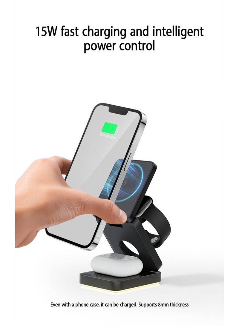 Jourvent - 15W Magnetic 3-in-1 Wireless Charging Station – A Sleek, Foldable Charging Base With An Illuminated Stand, Designed For MagSafe-Compatible Devices. Efficiently Powers Your Smartphone, Smartwatch, And AirPods Simultaneously, Keeping Your Workspace Organized While Ensuring Your Essentials Stay Charged Anytime, Anywhere. Perfect For Home, Office, Or Travel. - Image 1