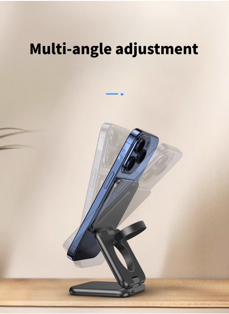 Jourvent - 15W Magnetic 3-in-1 Wireless Charging Station – A Sleek, Foldable Charging Base With An Illuminated Stand, Designed For MagSafe-Compatible Devices. Efficiently Powers Your Smartphone, Smartwatch, And AirPods Simultaneously, Keeping Your Workspace Organized While Ensuring Your Essentials Stay Charged Anytime, Anywhere. Perfect For Home, Office, Or Travel. - Image 1