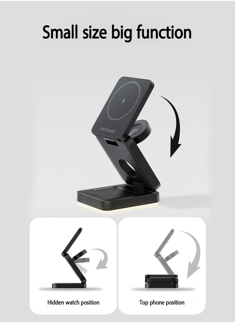 Jourvent - 15W Magnetic 3-in-1 Wireless Charging Station – A Sleek, Foldable Charging Base With An Illuminated Stand, Designed For MagSafe-Compatible Devices. Efficiently Powers Your Smartphone, Smartwatch, And AirPods Simultaneously, Keeping Your Workspace Organized While Ensuring Your Essentials Stay Charged Anytime, Anywhere. Perfect For Home, Office, Or Travel. - Image 1
