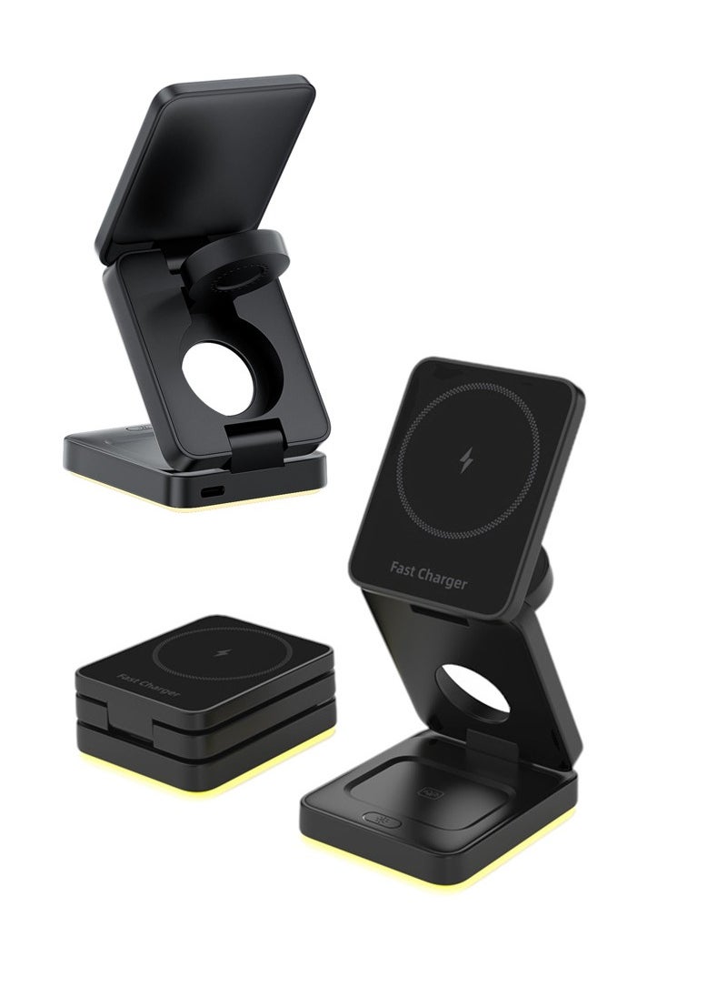 Jourvent - 15W Magnetic 3-in-1 Wireless Charging Station – A Sleek, Foldable Charging Base With An Illuminated Stand, Designed For MagSafe-Compatible Devices. Efficiently Powers Your Smartphone, Smartwatch, And AirPods Simultaneously, Keeping Your Workspace Organized While Ensuring Your Essentials Stay Charged Anytime, Anywhere. Perfect For Home, Office, Or Travel. - Image 1
