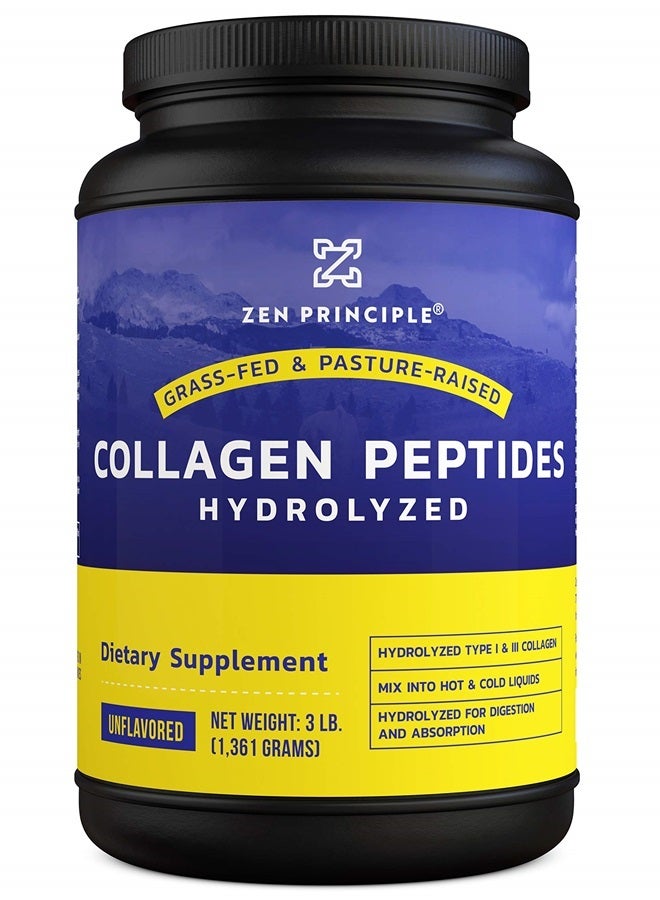 Zen Principle EXTRA LARGE Grass-Fed Collagen Peptides 3 lb. Custom Anti-Aging Hydrolyzed Protein Powder for Healthy Hair, Skin, Joints & Nails. Paleo and Keto Friendly, GMO and Gluten Free, Pasture-Raised Bovine. - Image 1