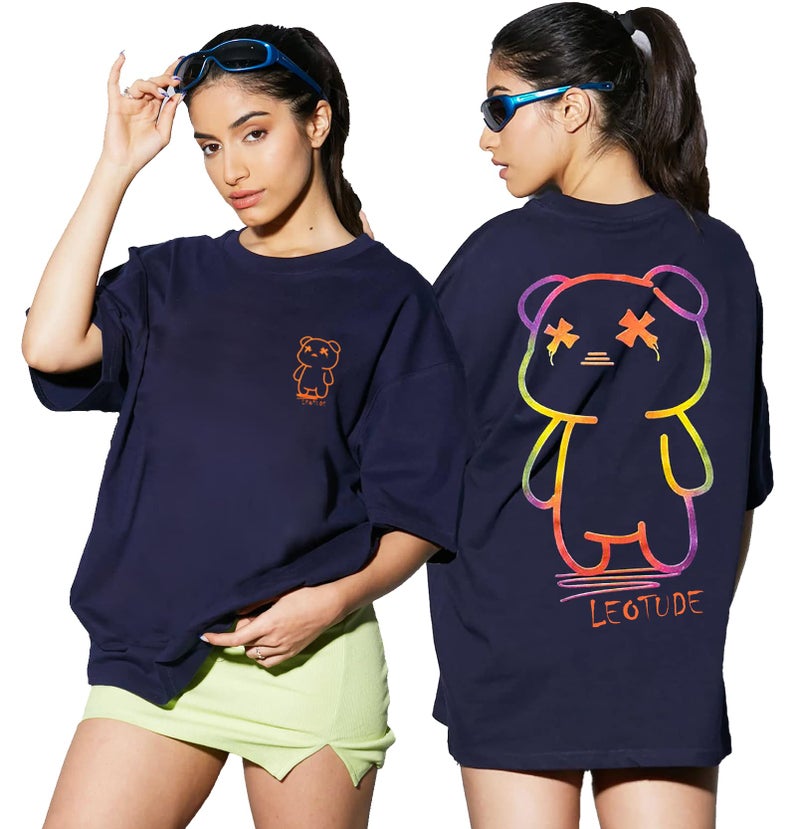 LEOTUDE Women's Oversized Round Neck Cottonblend T-Shirts (GRL_FS49_Blue_WAVS_P_Navy_L) - Image 1