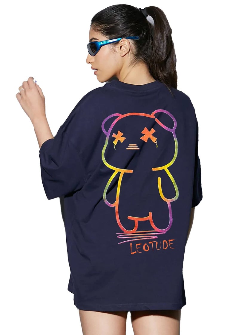 LEOTUDE Women's Oversized Round Neck Cottonblend T-Shirts (GRL_FS49_Blue_WAVS_P_Navy_L) - Image 2