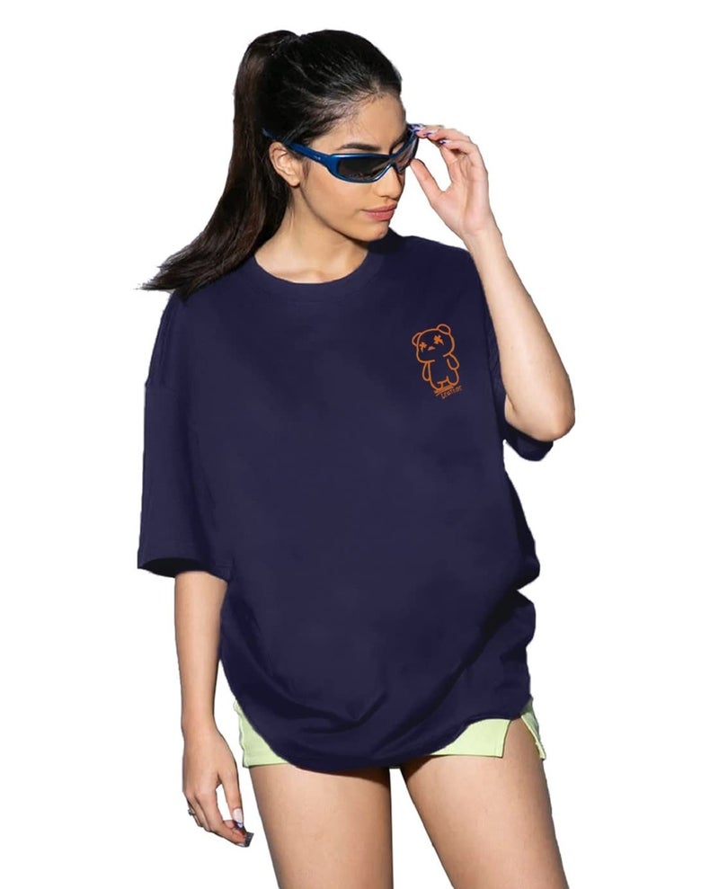 LEOTUDE Women's Oversized Round Neck Cottonblend T-Shirts (GRL_FS49_Blue_WAVS_P_Navy_L) - Image 4