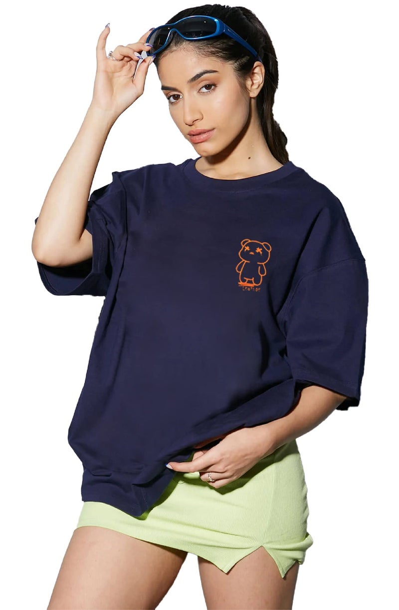 LEOTUDE Women's Oversized Round Neck Cottonblend T-Shirts (GRL_FS49_Blue_WAVS_P_Navy_L) - Image 3