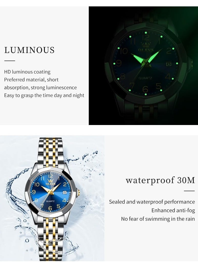 OLEVS - OLEVS Women's Watch Classic Dress Digital Women's Watch Analog Quartz Stainless Steel Waterproof Luminous Date Two-tone Easy to Read Watch - Image 1