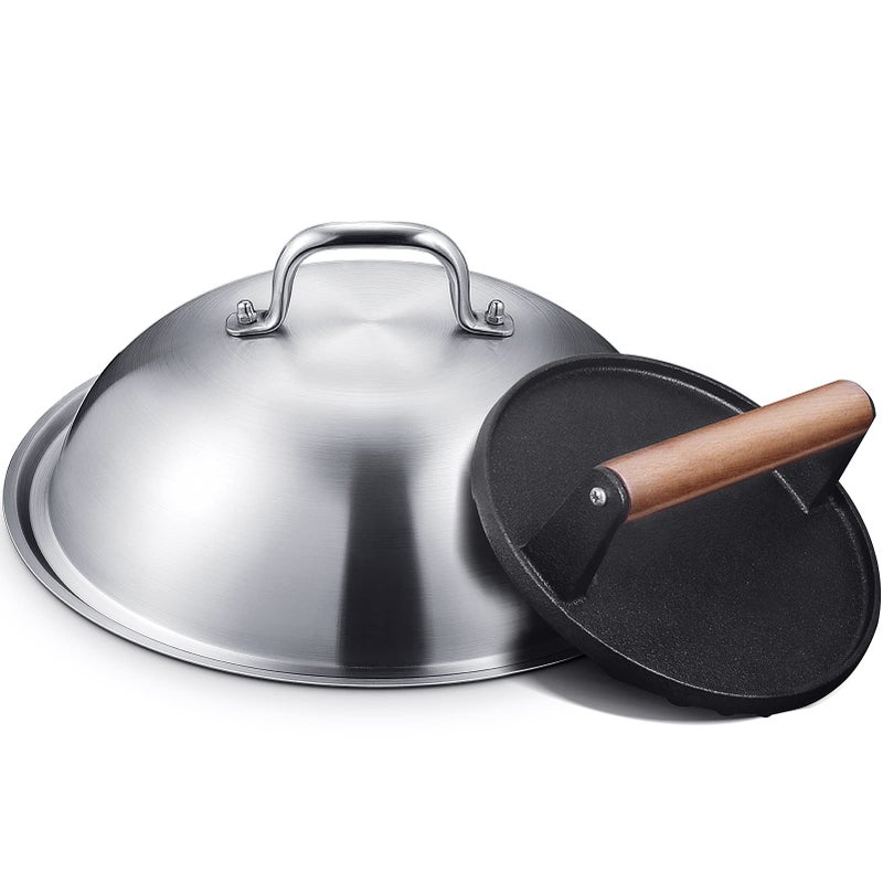 HOMENOTE Griddle Accessories for Blackstone, Commercial Grade 12 Inch Heavy Duty Melting Dome with Round Cast Iron Smash Burger Press Perfect for Flat Top Hibachi Grill Outdoor Indoor - Image 1