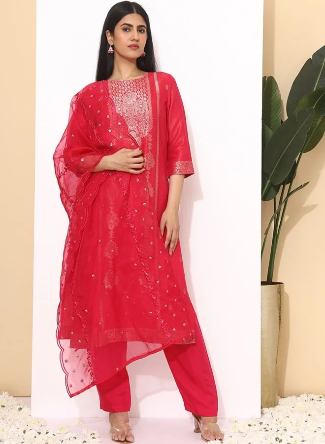 ISHIN Women's Pink 100% Cotton Printed Straight Fit Kurta Set