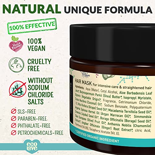 ecoLove قناع شعر ecoLove، ترطيب عميق طبيعي، 11.8 أونصة، مكاديميا، شيا مويستشر، زيت أركان، بدون SLS أو بارابين، نباتي وخالي من القسوة - Image 2