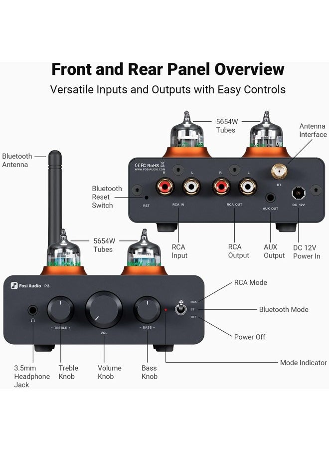 Fosi Audio Fosi Audio P3 Tube Preamp Headphone Amplifier Home Audio Preamplifier Mini Vacuum Pre Amp with Bluetooth aptX LL HD Bass and Treble Tone Controls for HiFi Stereo Active Speakers with RCA AUX Jacks  - Image 4