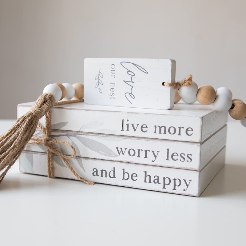 GENMOUS & CO. GENMOUS 4pcs White Decorative Books Set Stacked Wood Faux Books with Wood Bead Tassels for Living Room and Shelf Display Farmhouse Decor 