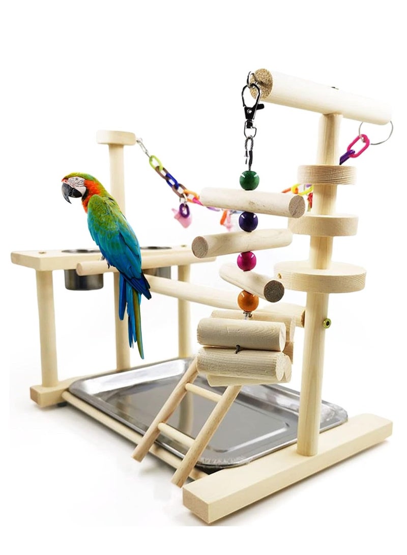 Parrot Wood Playstand Bird Gym Playpen Ladder With Feeder Cups Tray 36.5x25.5x35 Cm - Image 1