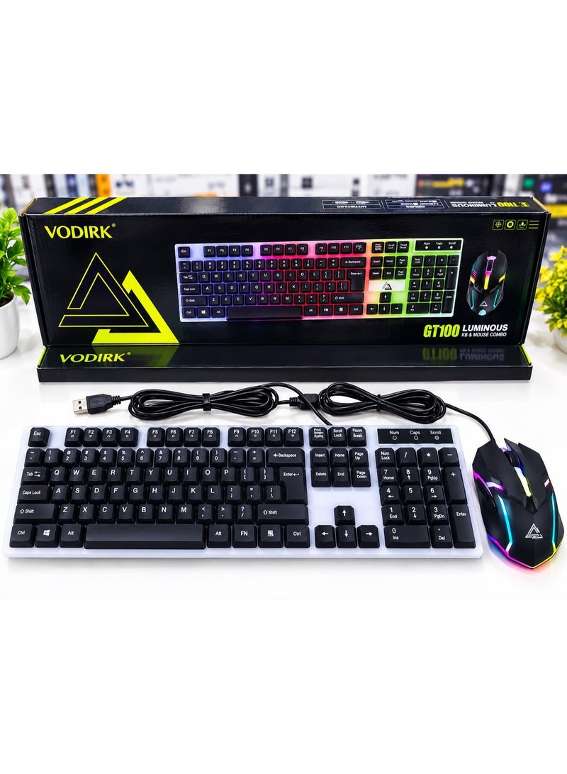 VODIRK GT100 Luminous Gaming Keyboard and Mouse Combo with RGB Backlit Keys, Full-Size Keyboard, Number Pad, Ergonomic Gaming Mouse, USB Wired Connection, and Stylish Black Design for PC Gaming - Image 1