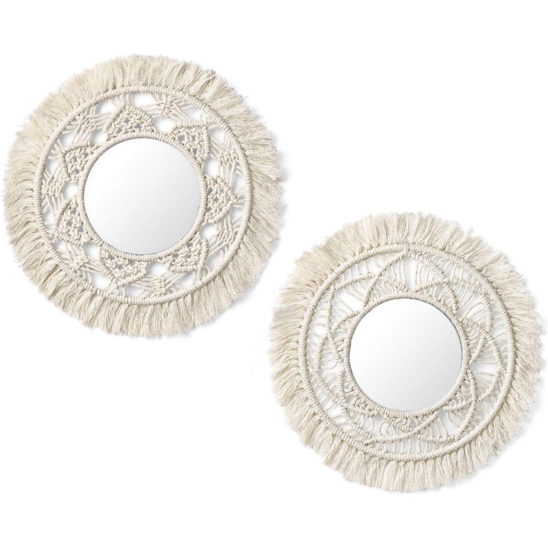 Mkono Mkono Hanging Wall Mirror with Macrame Fringe 2 Set Small Round Decoration Boho Antique Mirror for Apartment LivingRoom Bedroom Baby NurseryBeautiful Gift Ideas 