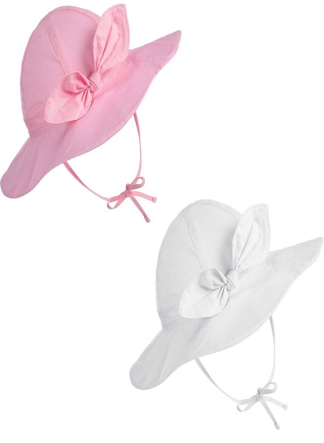 Syhood 2 Pieces Wide Brim Baby Girls Sun Hat Adjustable Sun Protection Summer Beach Hat for Toddler(0-12 Months,White and Pink) - Image 1