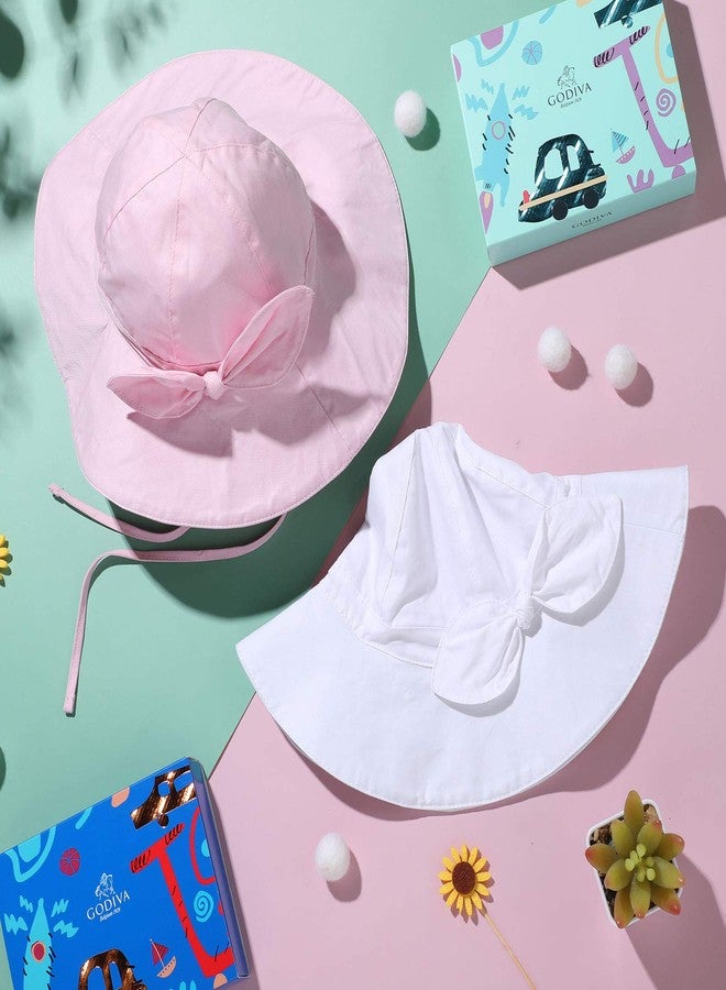 Syhood 2 Pieces Wide Brim Baby Girls Sun Hat Adjustable Sun Protection Summer Beach Hat for Toddler(0-12 Months,White and Pink) - Image 5