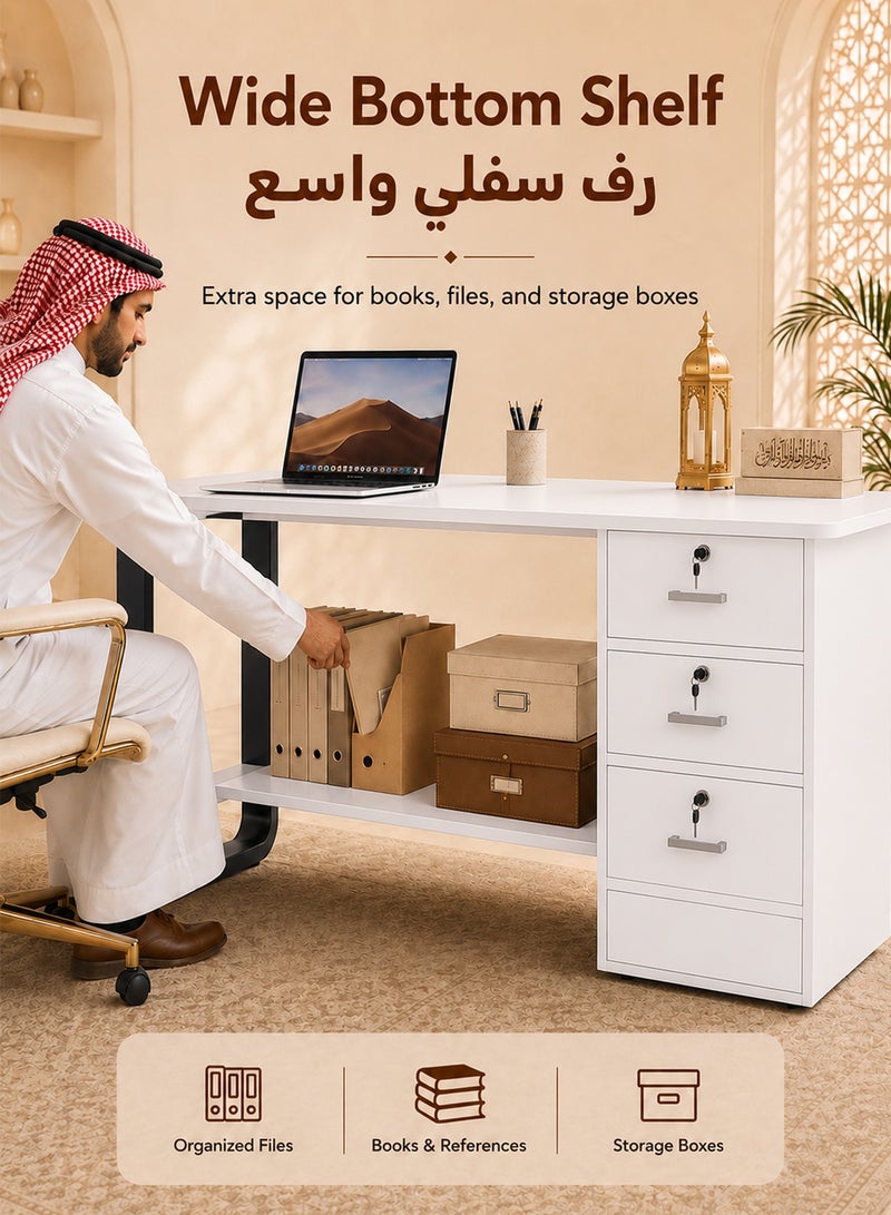 قف مكتب منزلي خشبي أبيض 120×50×75 سم مع 3 أدراج قابلة للقفل ورف تخزين سفلي، مكتب كمبيوتر ودراسة بهيكل فولاذي، طاولة كتابة للعمل وغرفة النوم والمكتب - Image 3