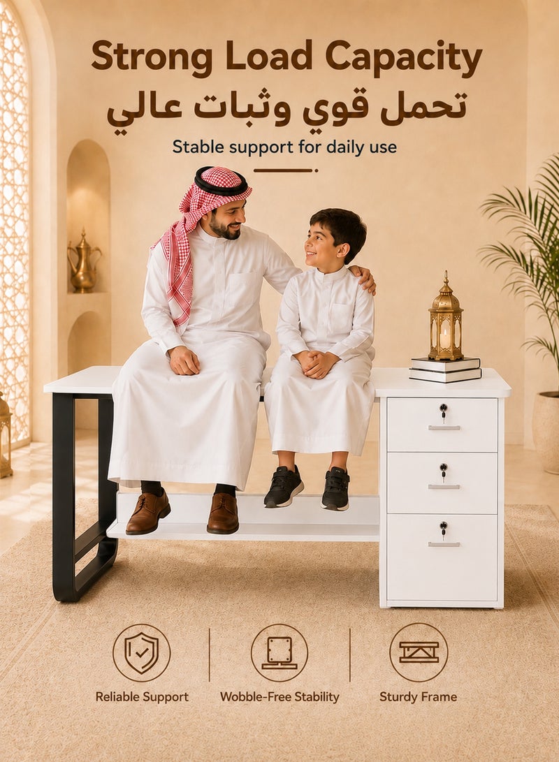 قف مكتب منزلي خشبي أبيض 120×50×75 سم مع 3 أدراج قابلة للقفل ورف تخزين سفلي، مكتب كمبيوتر ودراسة بهيكل فولاذي، طاولة كتابة للعمل وغرفة النوم والمكتب - Image 4