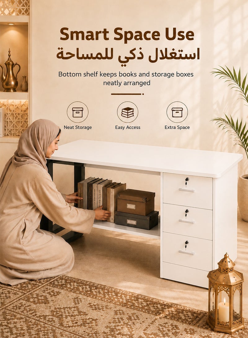 قف مكتب منزلي خشبي أبيض 120×50×75 سم مع 3 أدراج قابلة للقفل ورف تخزين سفلي، مكتب كمبيوتر ودراسة بهيكل فولاذي، طاولة كتابة للعمل وغرفة النوم والمكتب - Image 5