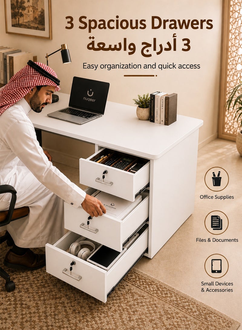 قف مكتب منزلي خشبي أبيض 120×50×75 سم مع 3 أدراج قابلة للقفل ورف تخزين سفلي، مكتب كمبيوتر ودراسة بهيكل فولاذي، طاولة كتابة للعمل وغرفة النوم والمكتب - Image 2