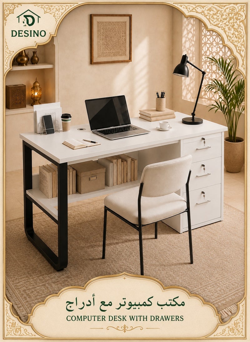 DESINO Home Office Desk 120x50x75cm with 3 Lockable Drawers and Bottom Storage Shelf, White Wooden Computer Study Desk with Steel Frame, Writing Table Workstation for Bedroom, Office and Study Room - Image 1