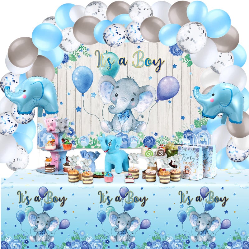 Zhanmai Baby Shower Decorations 121 Pieces Elephant Party Supplies Include Backdrop Banner Balloons Tablecloth and Cake Toppers for Gender Reveal Elephant Theme Birthday Party(Boy Style) - Image 1