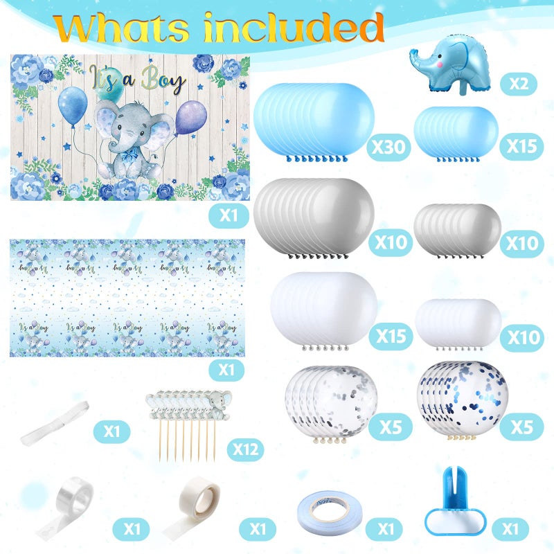 Zhanmai Baby Shower Decorations 121 Pieces Elephant Party Supplies Include Backdrop Banner Balloons Tablecloth and Cake Toppers for Gender Reveal Elephant Theme Birthday Party(Boy Style) - Image 2