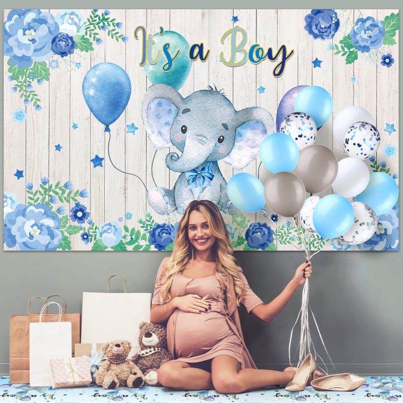 Zhanmai Baby Shower Decorations 121 Pieces Elephant Party Supplies Include Backdrop Banner Balloons Tablecloth and Cake Toppers for Gender Reveal Elephant Theme Birthday Party(Boy Style) - Image 3