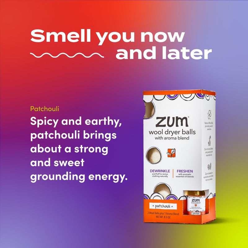 ZUM Indigo Wild Zum Laundry Dryer Balls Kit - Wool Laundry Balls for The Dryer - Essential Oil Spray - Reusable Drying Balls for Laundry - Patchouli - (3 Dryer Balls, 1 Aroma Blend) - Image 3