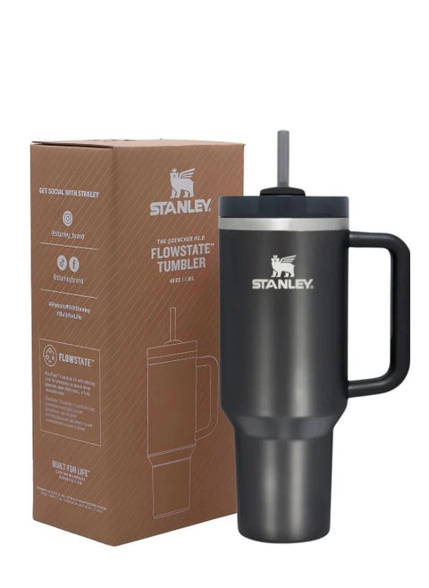 Quencher H2.0 FlowState 40oz Vacuum Insulated Tumbler – Black Stainless Steel Travel Mug with Leakproof Lid & Reusable Straw | Double-Walled Insulation Keeps Drinks Hot for 7 Hours or Cold for 24 Hours | Durable, Portable, BPA-Free Hydration Solution for Office, Gym & Travel