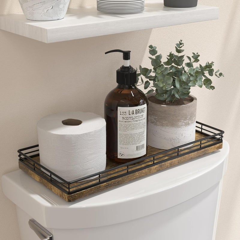 Focusonit Bathroom Toilet Tank Tray, 13" Wood Storage Basket Back of Toilet Basket Organizer, Vanity Tray for Perfume Makeup Candle Kitchen Counter Coffee Table Bar Decor Rustic - Image 1