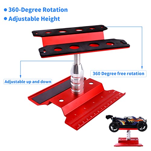 FriHobby RC Car Work Stand RC Tool Kit Repair Workstation Aluminum Alloy 360 Degree Rotate w/Screw Kit & Screw Tray, Wheel Wrench for 1/8 1/10 1/12 1/16 Scale Models Cars Trucks (Red) - Image 3
