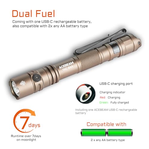 ACEBEAM TAC 2AA EDC Tactical Dual Modes Flashlight Rechargeable, 1470 High Lumens Flashlight, Dual Switch Pocket LED Flashlight, Super Bright Small Flash Light for Emergency, Camping, Home(CREE XP-LR) - Image 5