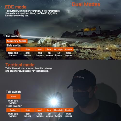 ACEBEAM TAC 2AA EDC Tactical Dual Modes Flashlight Rechargeable, 1470 High Lumens Flashlight, Dual Switch Pocket LED Flashlight, Super Bright Small Flash Light for Emergency, Camping, Home(CREE XP-LR) - Image 3