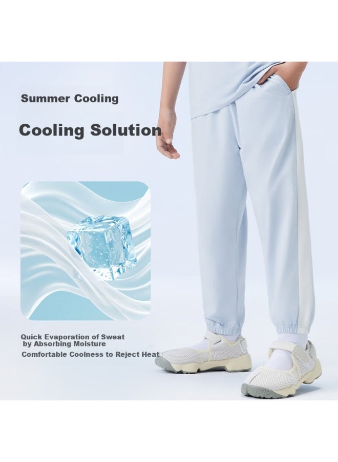 Threegun Kids' Cool Feeling Ice Spring Cotton 3A Antibacterial Boys' And Girls' Single Pants Long Pants 160 Blue