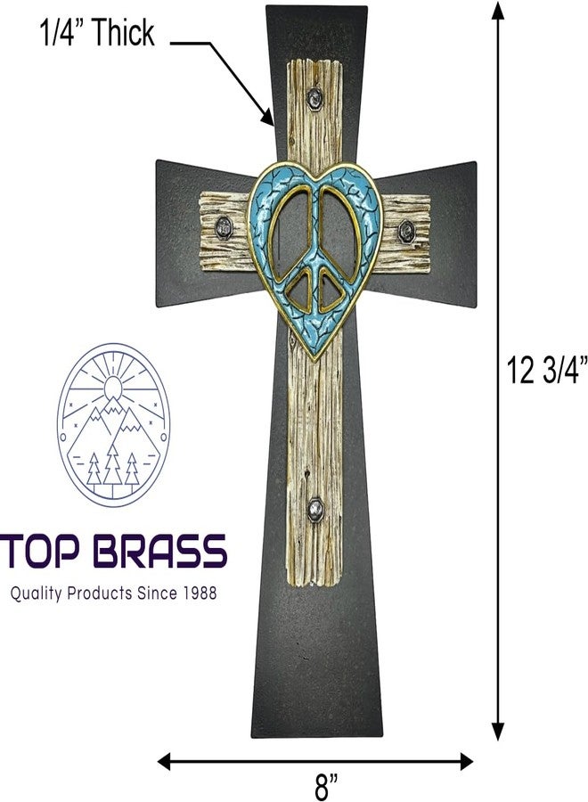 Top Brass Unique Peace Sign/Heart Wall Mounted Cross – Welded Flared Metal Base Cross – Spiritual Jesus Art Decor - Image 2