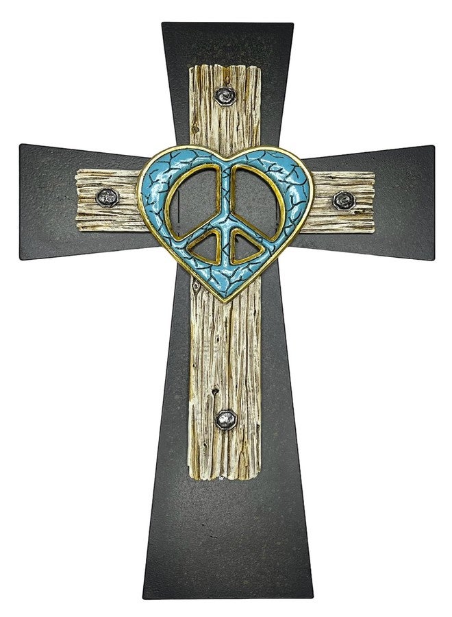 Top Brass Unique Peace Sign/Heart Wall Mounted Cross – Welded Flared Metal Base Cross – Spiritual Jesus Art Decor - Image 1