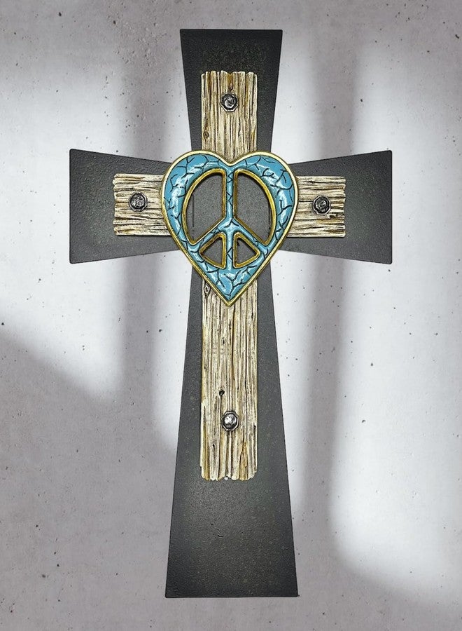 Top Brass Unique Peace Sign/Heart Wall Mounted Cross – Welded Flared Metal Base Cross – Spiritual Jesus Art Decor - Image 3