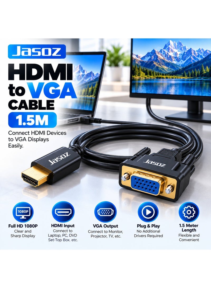 JASOZ G117 HDMI to VGA Cable 1.5M, Full HD 1080P HDMI Male to VGA Cable with Audio Output & USB Power Support, HDMI to VGA Converter Cable for Laptop, PC, TV Box, Gaming Console, Projector and Monitor - Image 1