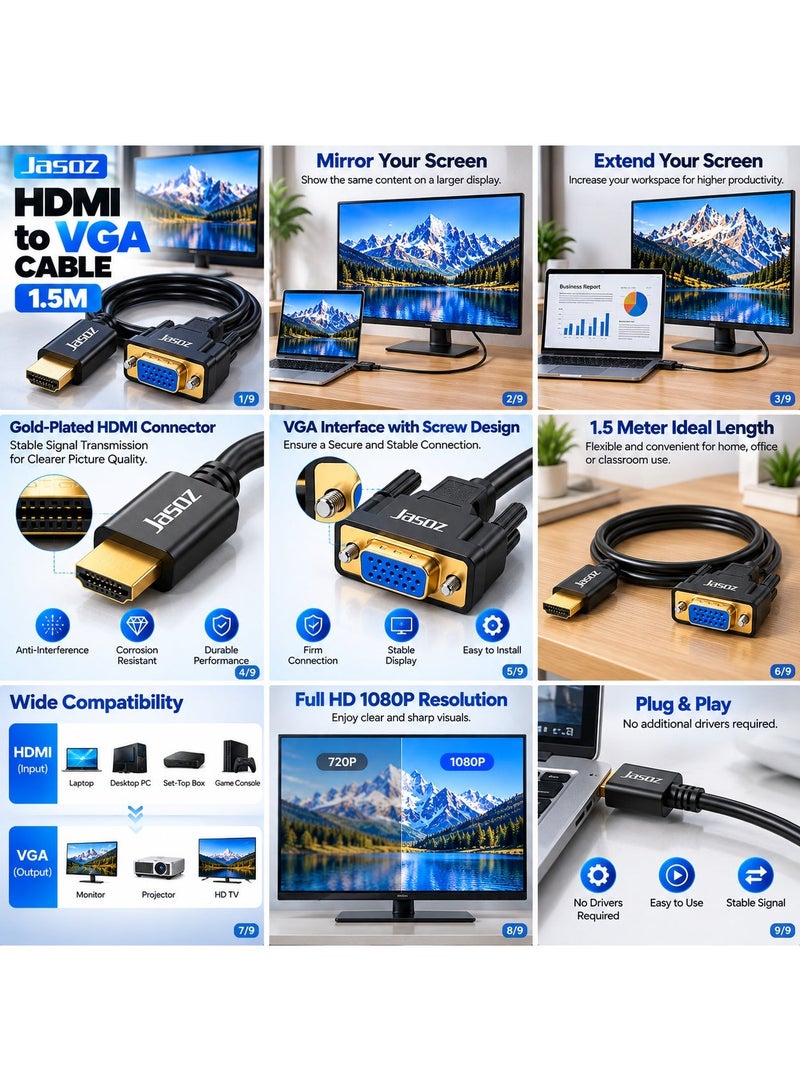 JASOZ G117 HDMI to VGA Cable 1.5M, Full HD 1080P HDMI Male to VGA Cable with Audio Output & USB Power Support, HDMI to VGA Converter Cable for Laptop, PC, TV Box, Gaming Console, Projector and Monitor - Image 3