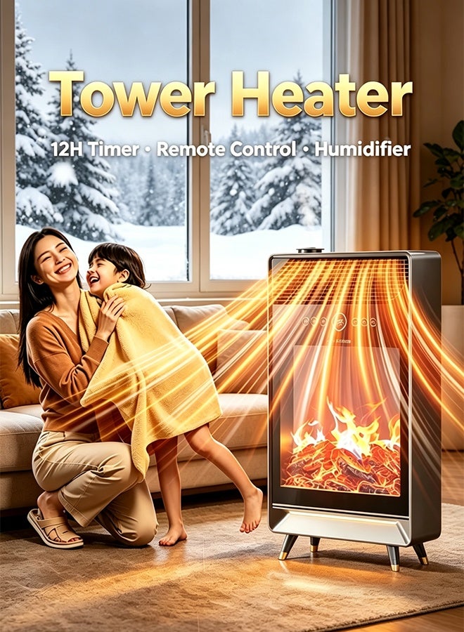 12H Timer Electric Fireplace Heater, 3D Simulated Flame Design, Fast Full Room Heating, Remote Operated Heater with Full Safety System, Quiet Heater for Bedroom, Living Room & Indoor Use - Image 1