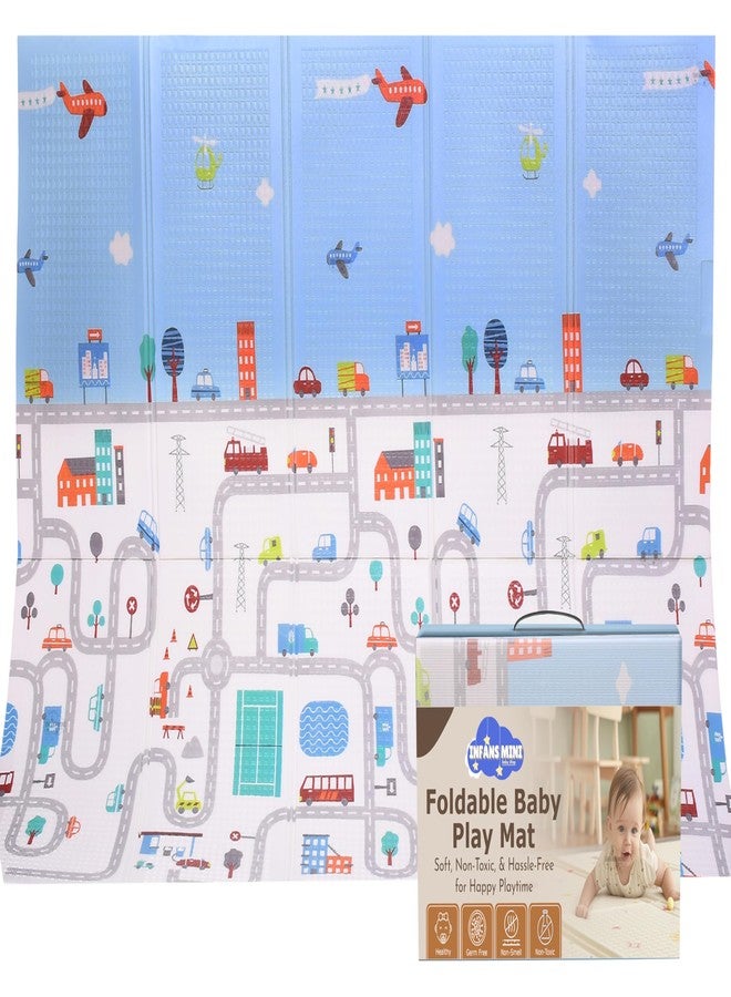 Infans Mini Play Mat for Babies Double Sided Water Proof Padded Soft Foam Playmat for Babies, BPA Free Learning & Crawling Foldable Large Foam Mat (6.5x5 ft, 0.65cm Thickness) City Print Multicolour - Image 1
