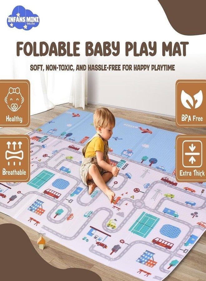 Infans Mini Play Mat for Babies Double Sided Water Proof Padded Soft Foam Playmat for Babies, BPA Free Learning & Crawling Foldable Large Foam Mat (6.5x5 ft, 0.65cm Thickness) City Print Multicolour - Image 2