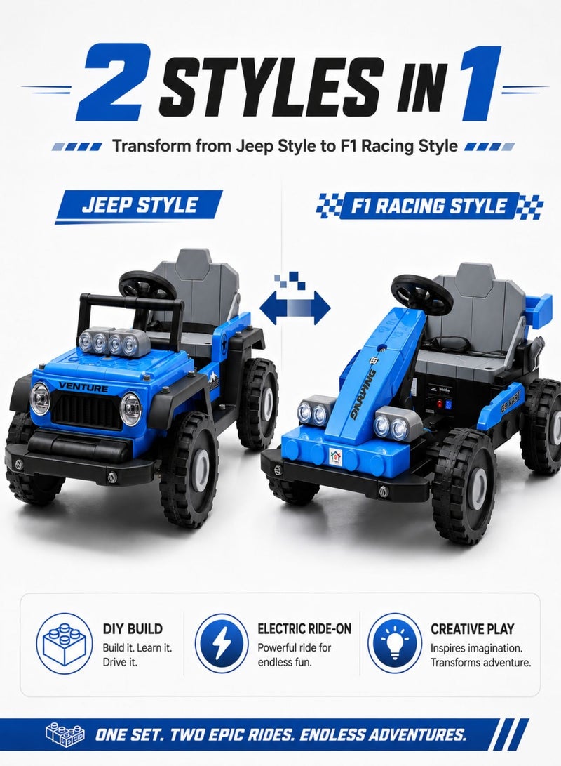 Venture Kids Electric Ride-On Building Block Car, 2-in-1 Convertible Jeep & F1 Style Toy Car with Remote Control, Bluetooth, Music, Volume Control, Battery Display, DIY Blocks Ride-On Car for Boys & Girls - Image 5