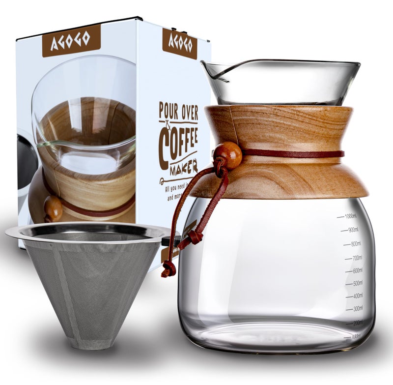 AGOGO Pour Over Coffeemaker Dripper with 304 Stainless Steel Filters Carafe High Capacity 10 Cup