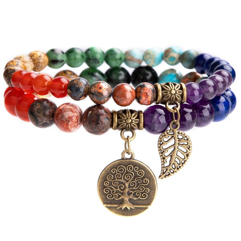 Bivei Natural Semi Precious Gemstone Beads Bracelet for Women - Tree of Life and Leaf Charm Chakra Energy Healing Anxiety Stretch Bracelets - Image 1