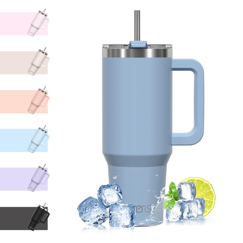 WATERSY Travel Mug Coffee Cup 40oz Tumbler Straw Lid and Handle Stainless Steel Double Wall Vacuum Insulated Coffee Water Bottle Thermal for Cold Hot Coffee 1182ml Smog Blue