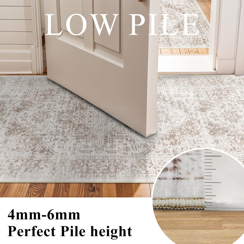EISUROM Washable 2'6''x16' Runner Rug - Non-Slip Vintage Runner Rug for Entryway Low-Pile Medallion Long Rugs for Hallway Waterproof Traditional Runner Rugs Indoor Thin Rug for Kitchen (Cream/Beige) - Image 5